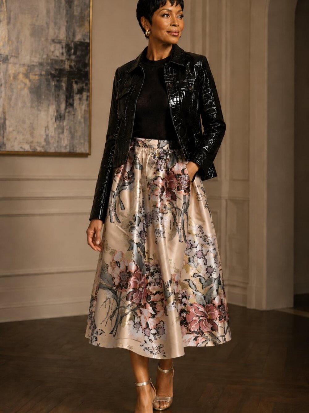 FENDI Metallic Floral Jacquard Midi Skirt Size 46 (US 12-14)